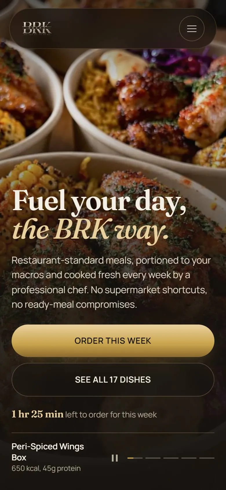 The BRKPrepz ordering site on a phone: a full-screen photo of a peri-spiced wings box with order buttons